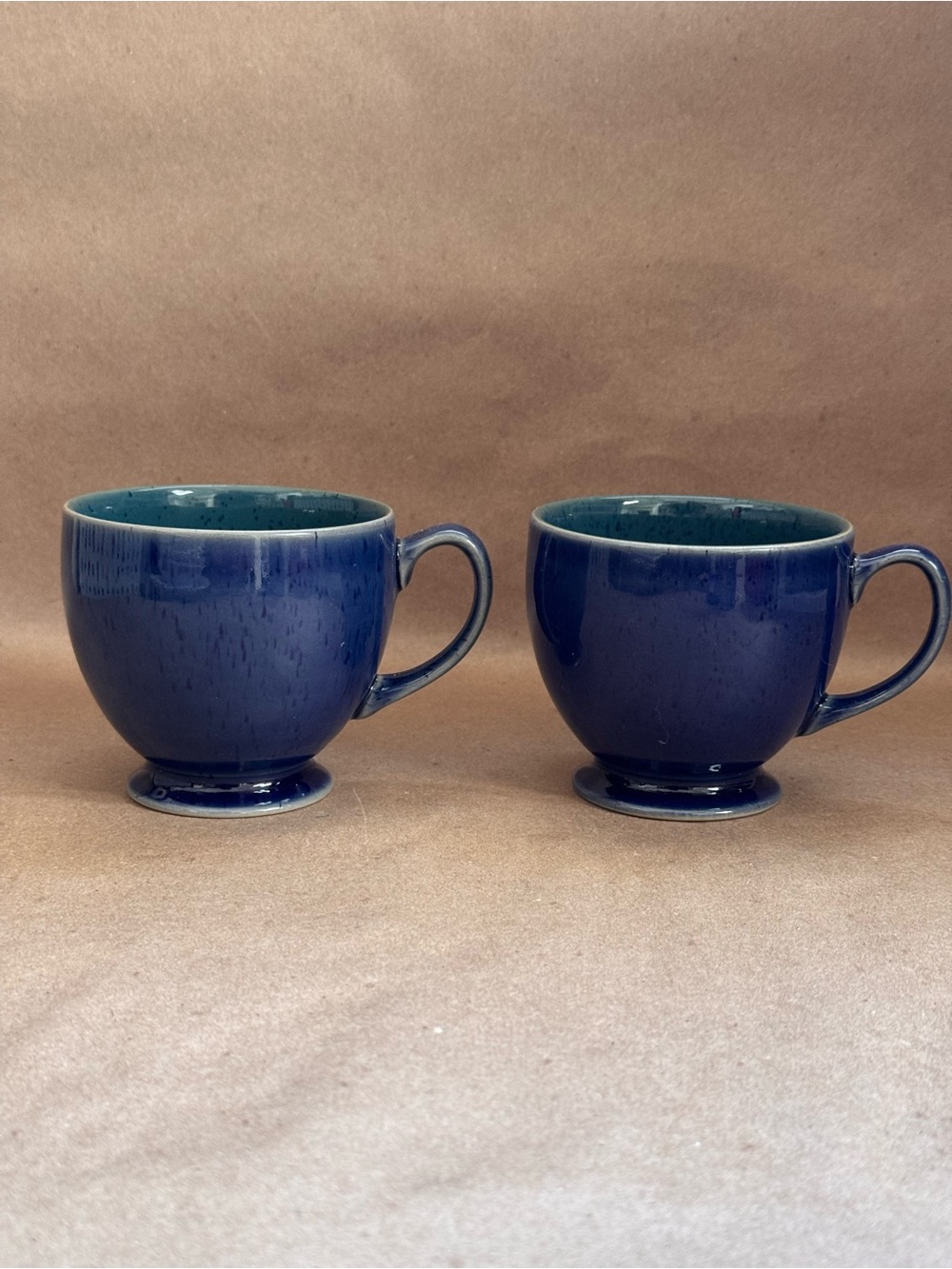 Set of 2 Denby Harlequin Teacups in Blue with Speckled Green Interior